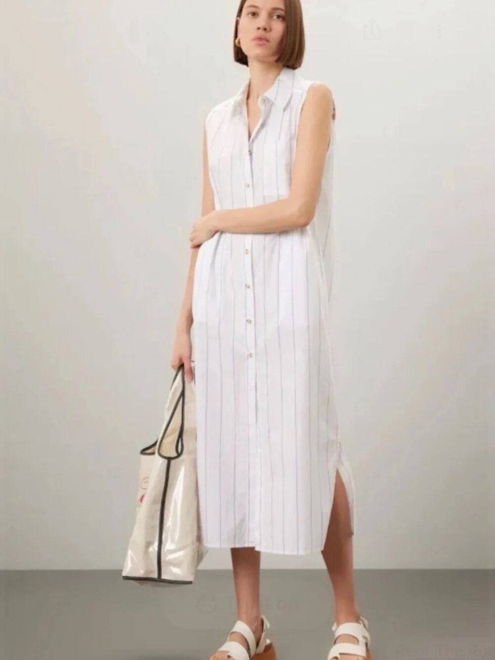 DONNI. POP The stripe sleeveless shirt dress white button up midi Poplin Summer